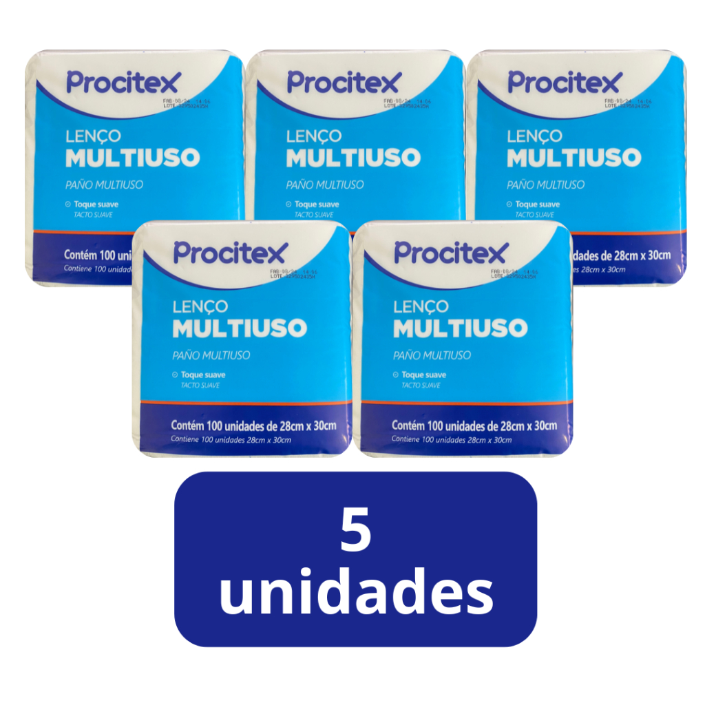 Lenço para Banho Multiuso 28x30cm 100un PROCITEX - Kit 5 unidades