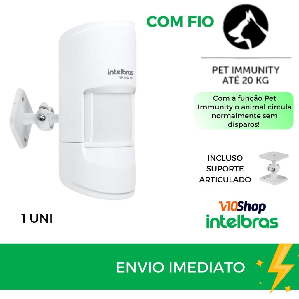 Sensor de Alarme Pet Ivp 5001 com fio e Suporte de Parede Intelbras - Pet ate 20kg