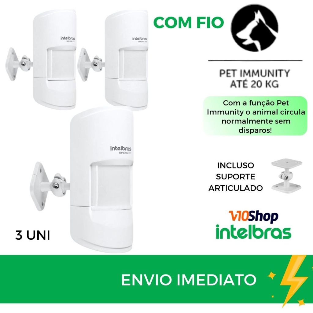 Kit 3 unid Sensor de Alarme Pet Ivp 5001 com fio e Suporte de Parede Intelbras - Pet ate 20kg