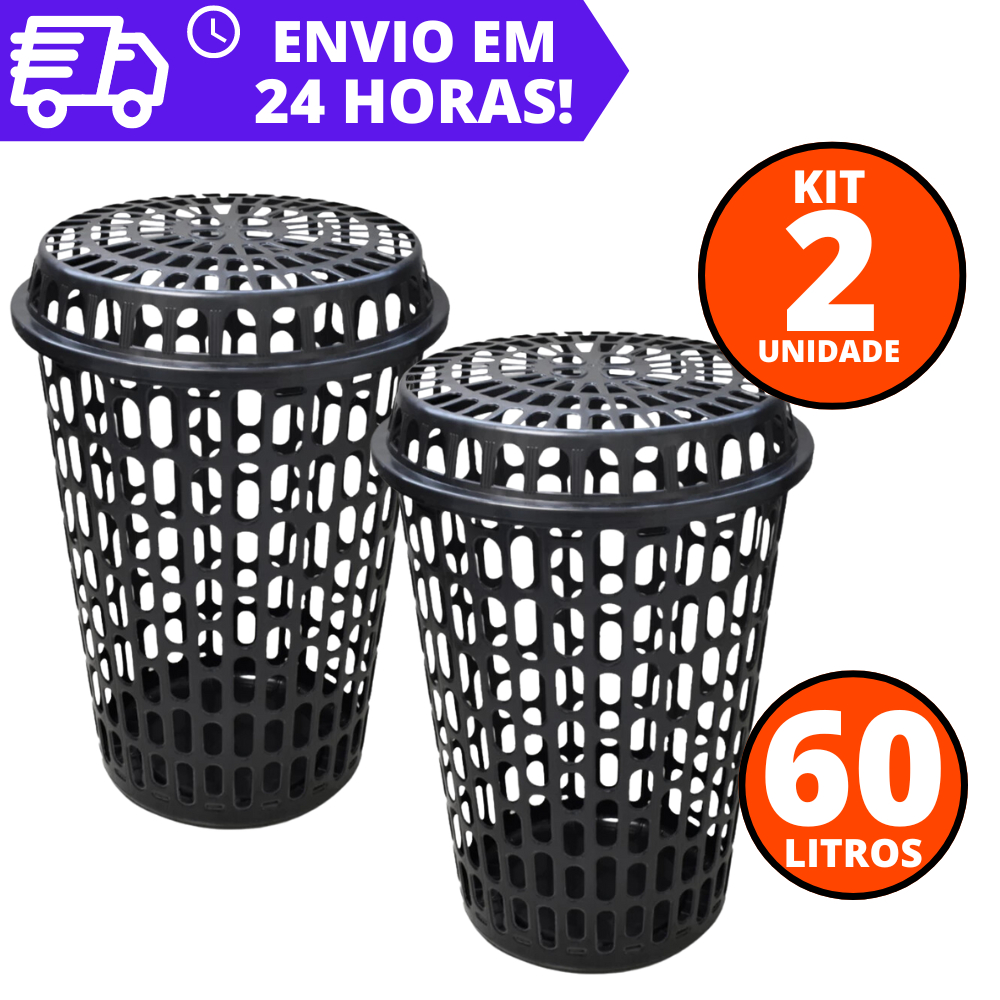 Kit 2 e 1 Cestos de Roupas Telados com Tampa 60 Litros REFORÇADO