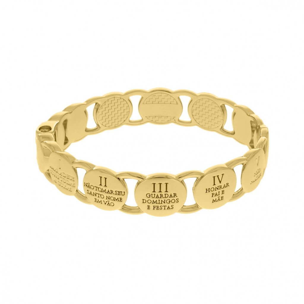 Bracelete Feminino 10 Dez Mandamentos Religioso Semijoia Presente Folheado Ouro 18k Escritos Dourado