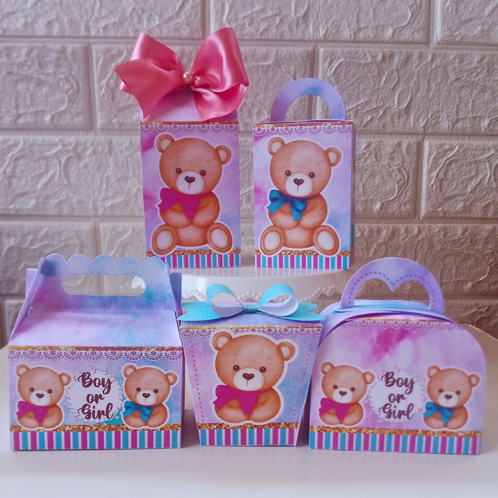 Kit mimos Personalizados Chá Revelação Ursinho Azul e rosa Lembrancinhas Chá de bebe caixas para Festa - PEGUE E MONTE