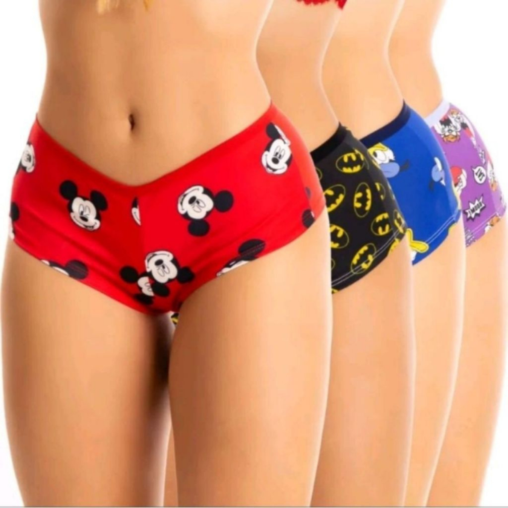 Kit 4 Cueca Feminina Calcinha Shortinho Caleçon Estampada Desenhos Boxer Roupa Íntima Confortável