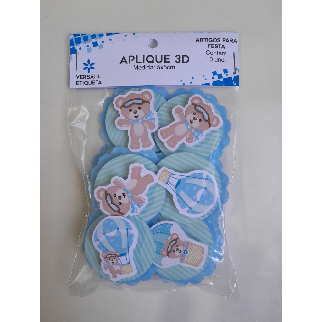 10 Apliques 3D Latinha Ursinho Baloeiro - Etiqueta - Rótulo - Tag - Topper