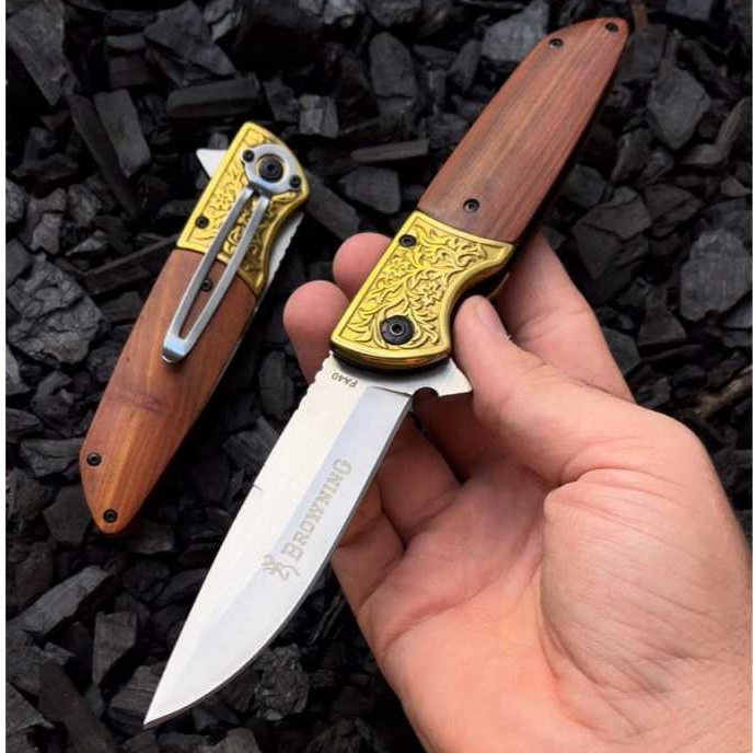 ( PROMOÇÃO) Canivete Semi Automático Browning Trabalhado em Madeira e Metal P/ Cinto