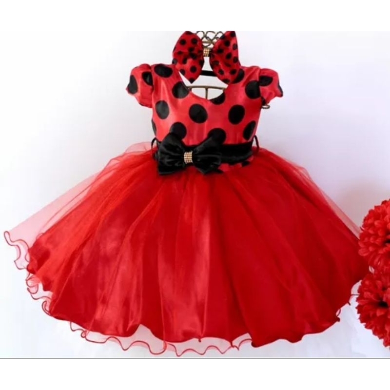 Vestido Infantil LadyBug vermelha com bolas preta Festa Aniversário Luxo