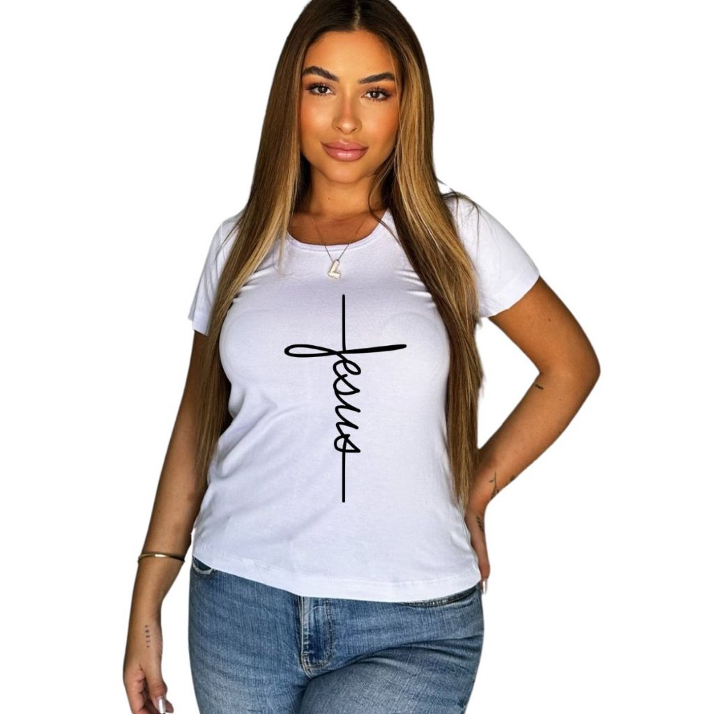 Blusinha feminina Tshirt estampada Jesus em cruz evangélica