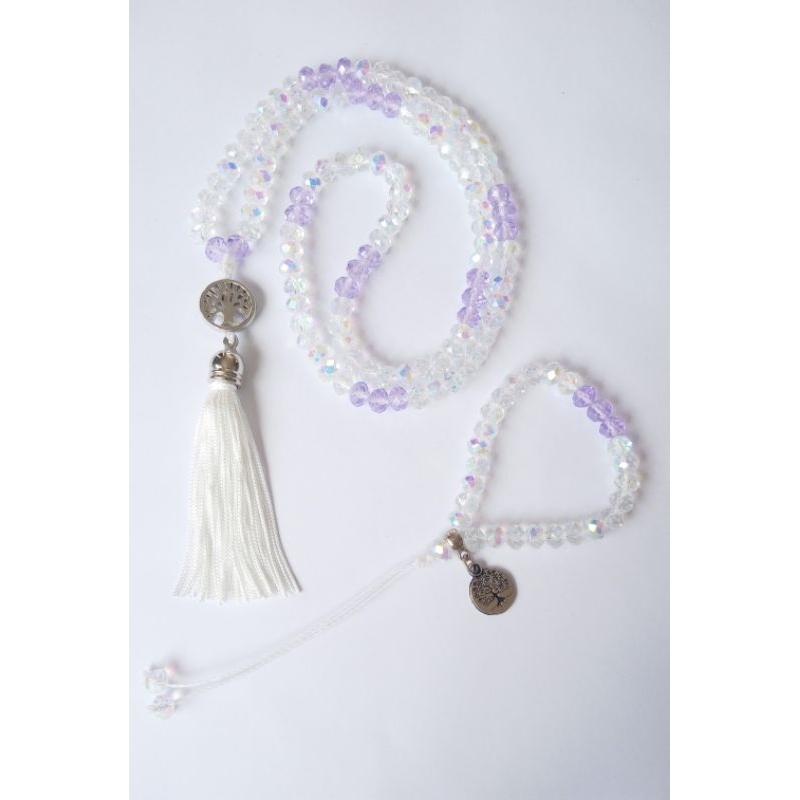 Imagem Japamala 108 Contas Cristal Boreal e Cristal Lilás + Pulseira 27 Contas Rosário Budista Ref:286