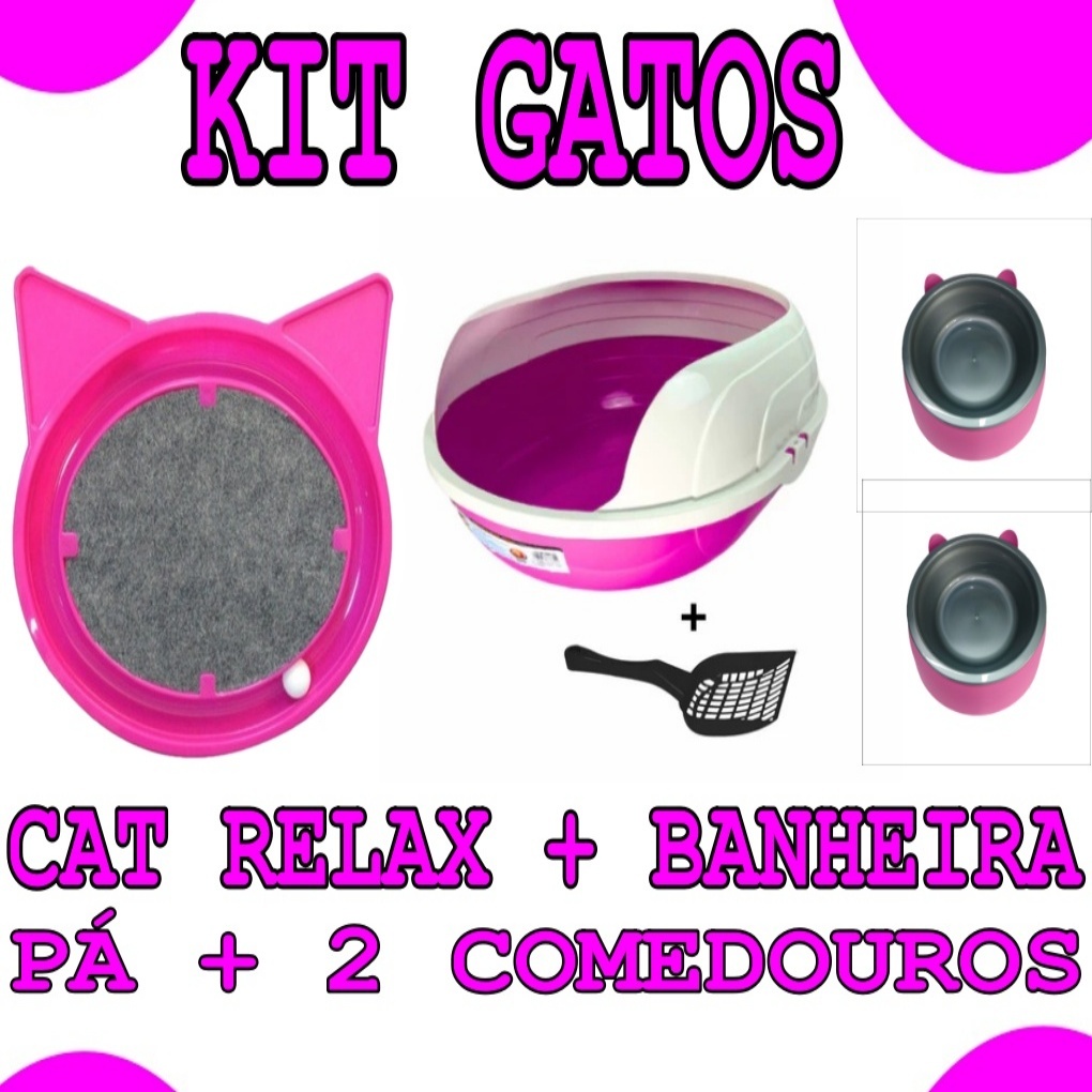 Kit Gatos - Banheira + Pá + 2 Comedouros + Brinquedo Cat Relax Furacão Pet