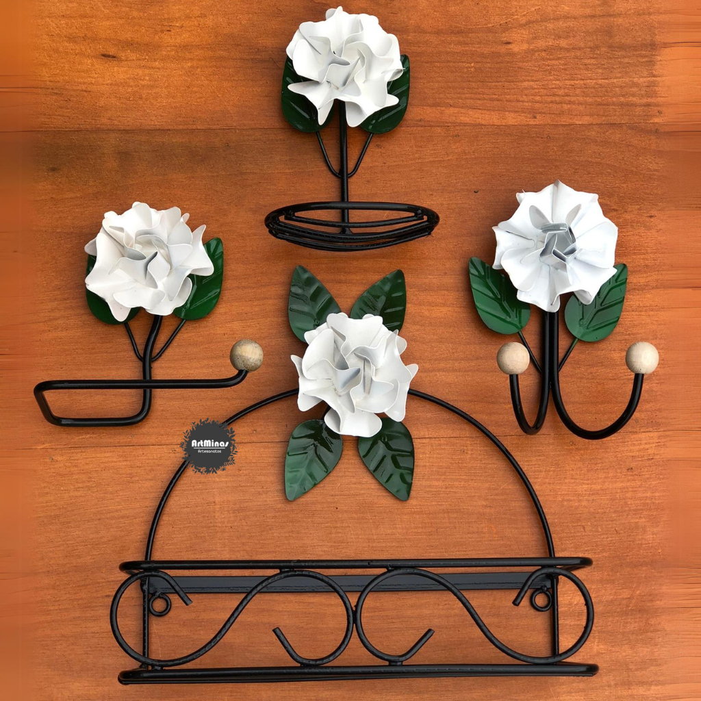 Kit banheiro completo 4 peças rustico flores decorativas artesanais cor branco