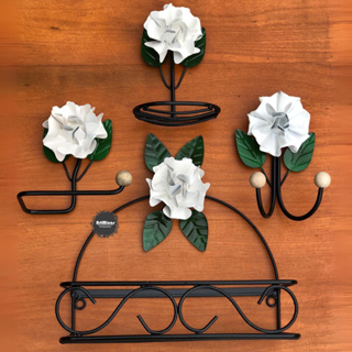 Kit banheiro completo 4 peças rustico flores decorativas artesanais cor branco em Oferta na Shopee