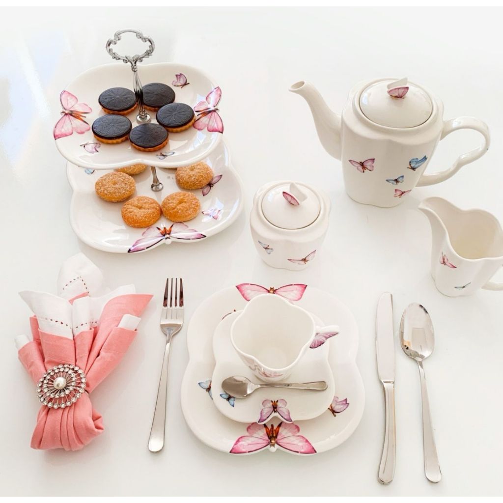 PRATOS XICARAS LINHA WOLFF BORBOLETAS PORCELANA BUTTERFLY MESA POSTA