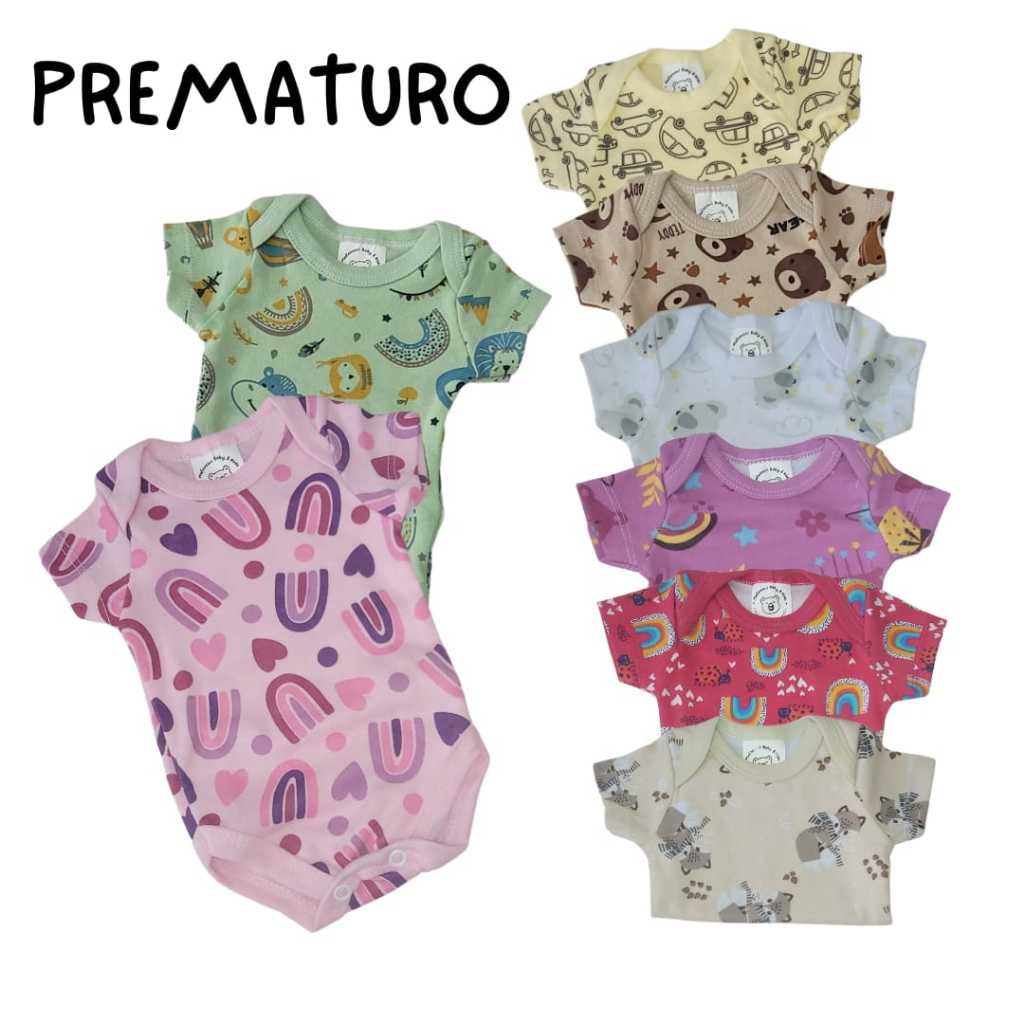 Kit ate 6 Body Prematuro Suedine Estampado Manga Curta 100% Algodão. Enxoval de Bebê. Roupa de bebê menina ou menino