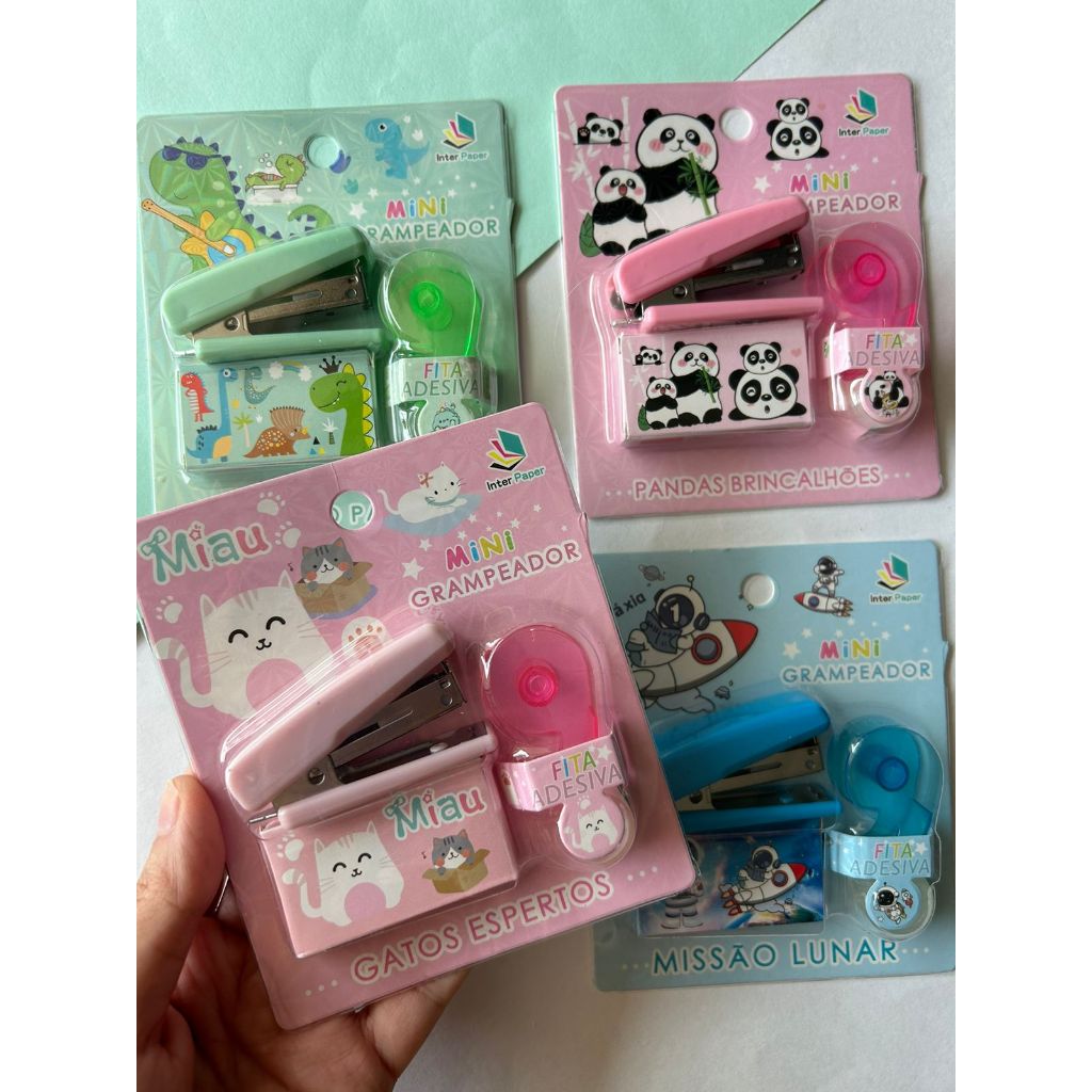 Mini Grampeador Com Grampo e Fita Adesiva Papelaria em Oferta na Shopee