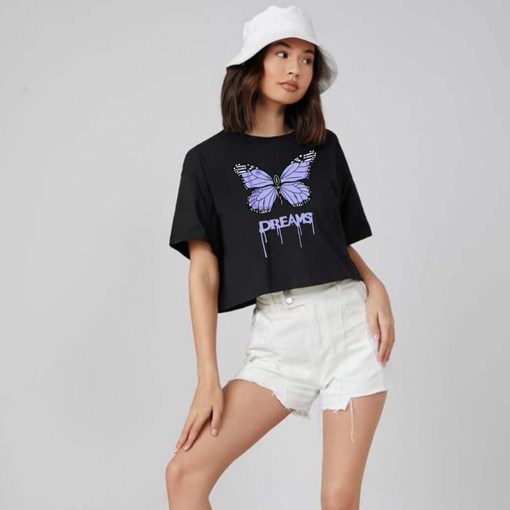 Cropped Oversized Feminina Borboleta Lilas Dreams  Primavera/Verão Tendência Streetwear