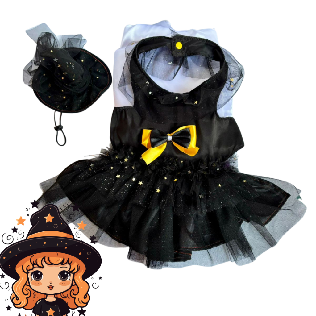 Vestido Pet Halloween Morgana Bruxa com chapéu - Gato ou Cachorro - Fantasia de Pet para Festas