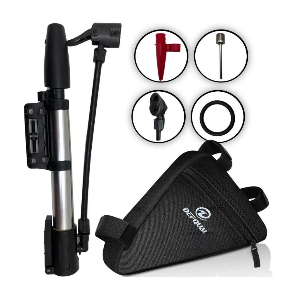 Bomba De Ar Enche Bola Presta Bico Fino E Grosso + Bolsa Triangular De Quadro Para Bike Bicicleta