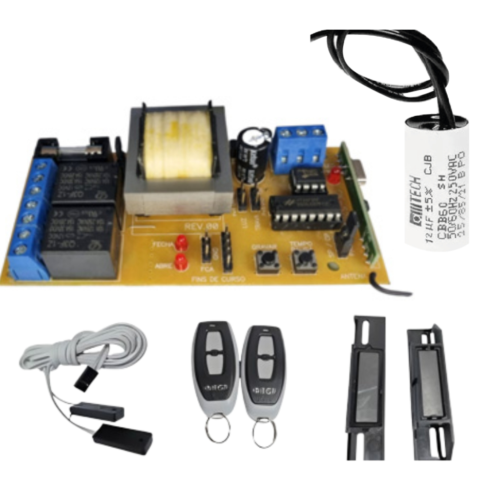 Kit Central Universal de Portão Nb52 com Capacitor 12uf 2 Controles Configurados Fim de curso PPA e Imã deslizante Acton