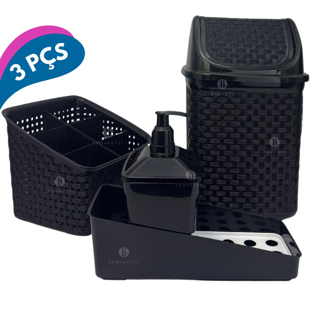 Kit Pia Cozinha 3Pçs C/Lixeira 4,5lts Porta Talher 6 Divisórias Dispenser P/Detergente 600ml Rattan