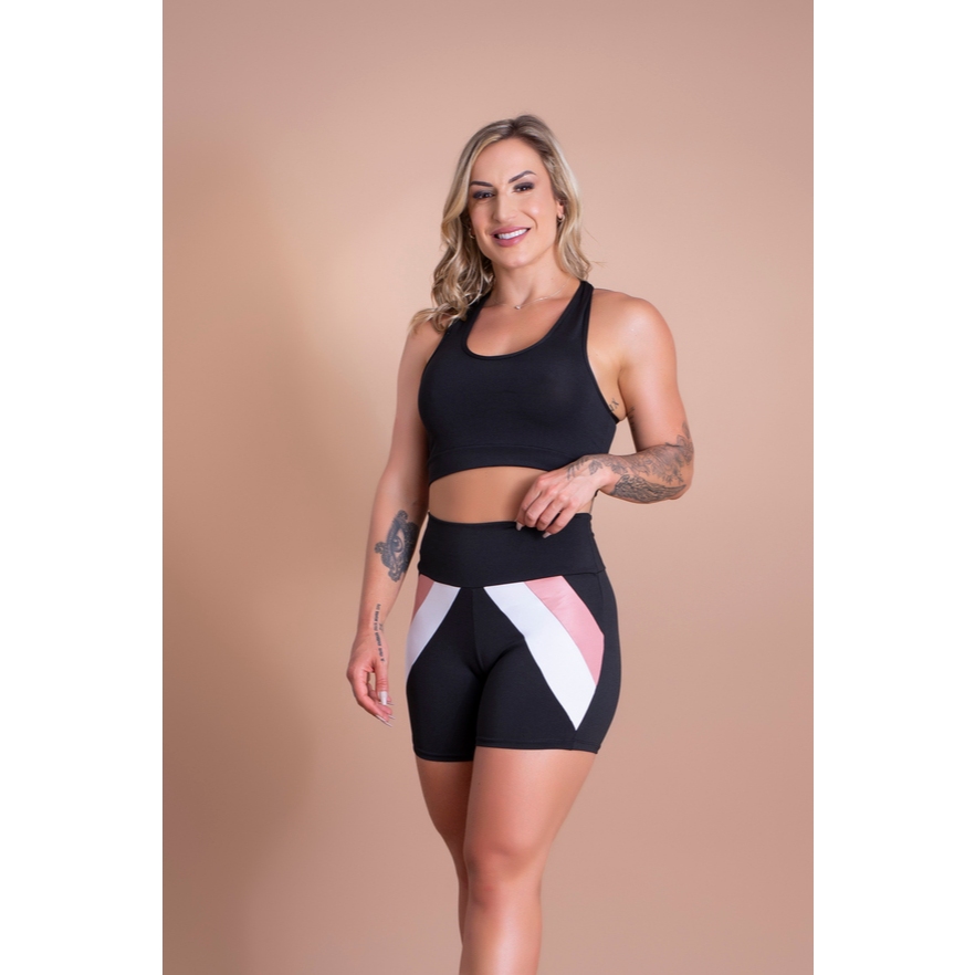 Conjunto Short Feminino Fitness Cintura Alta Detalhe E Top Nadador Liso Básico Academia Moda Treino F7 NEW STYLE