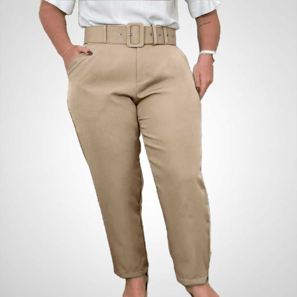 Calças plus size com corte social com cintos casuais elegantes em Oferta na Shopee