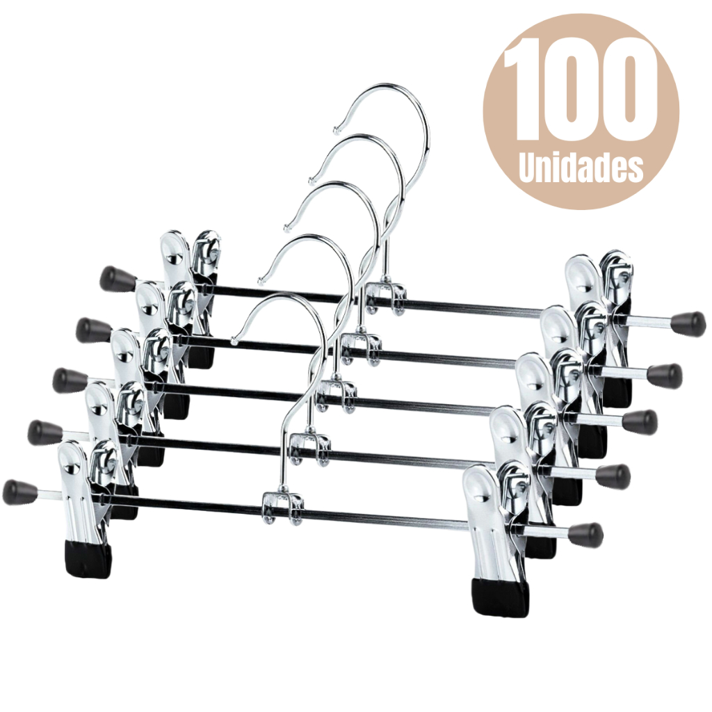 Kit 100 Cabides Presilha Metal Cromado Premium Para Saia Calça Bermuda Vestido Atacado em Oferta na Shopee