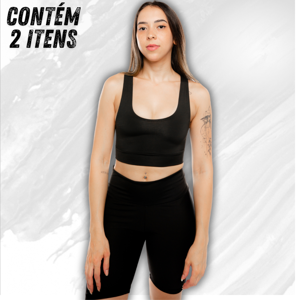 Conjunto Short Longo + Top Suplex Fitness Roupa de Academia Feminino Treino Caminhada Yoga Zero Transparencia