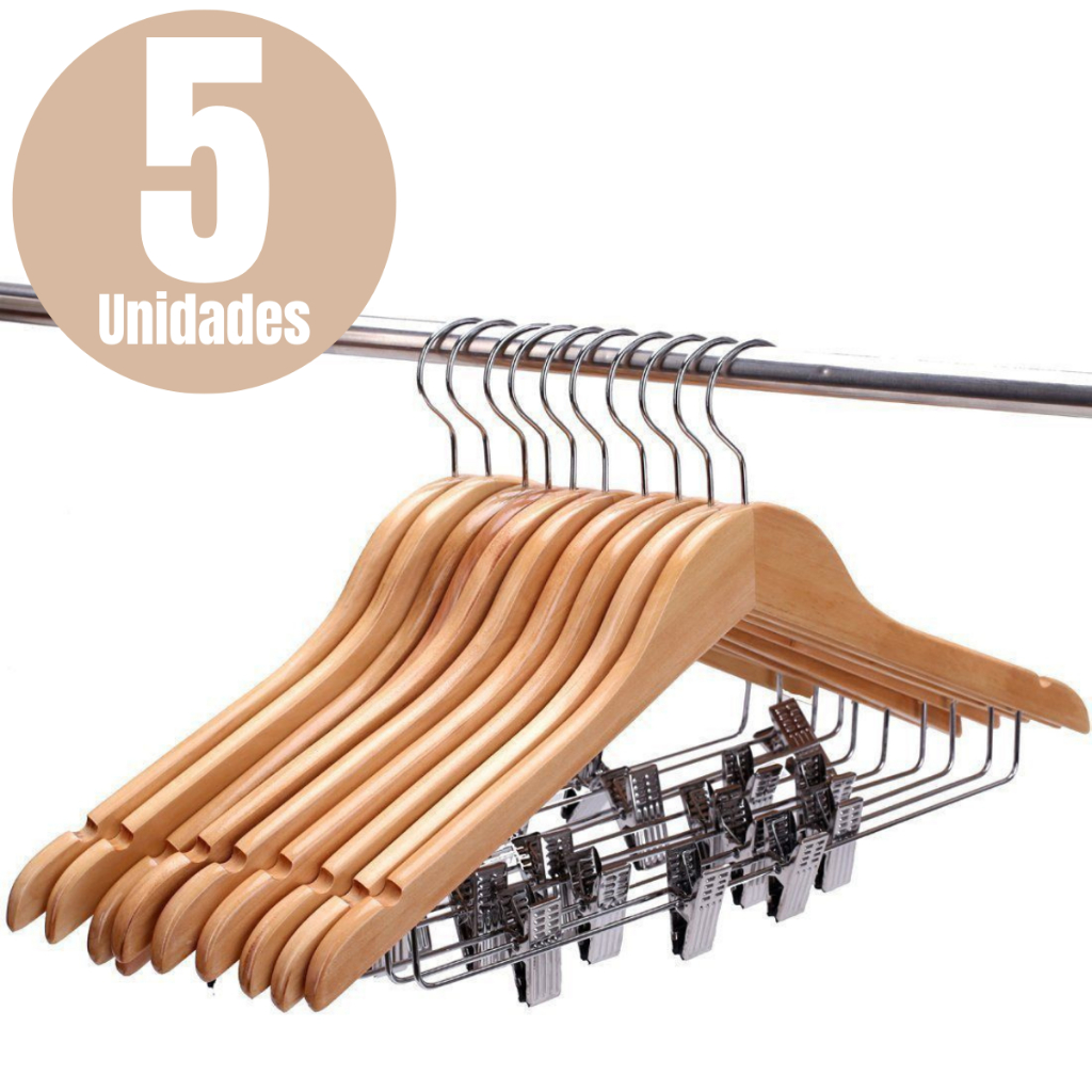 Kit 5 Cabides Madeira Presilha Marfim Envernizado Premium Adulto Saia Vestido Calça Bermuda