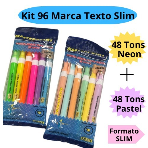 Kit 96 Marca Texto Caneta Slim (48 Neon + 48 pastel) Infantil Escolar Diversas Cores Masterprint
