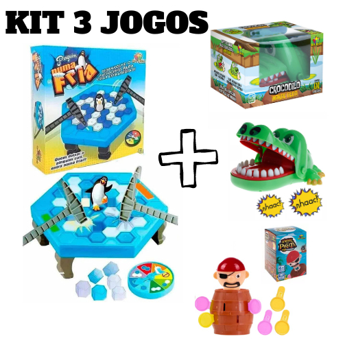 Kit 3 Brinquedos Pula Pirata Pinguim Quebra Gelo Crocodilo Jacaré Morde Dedo