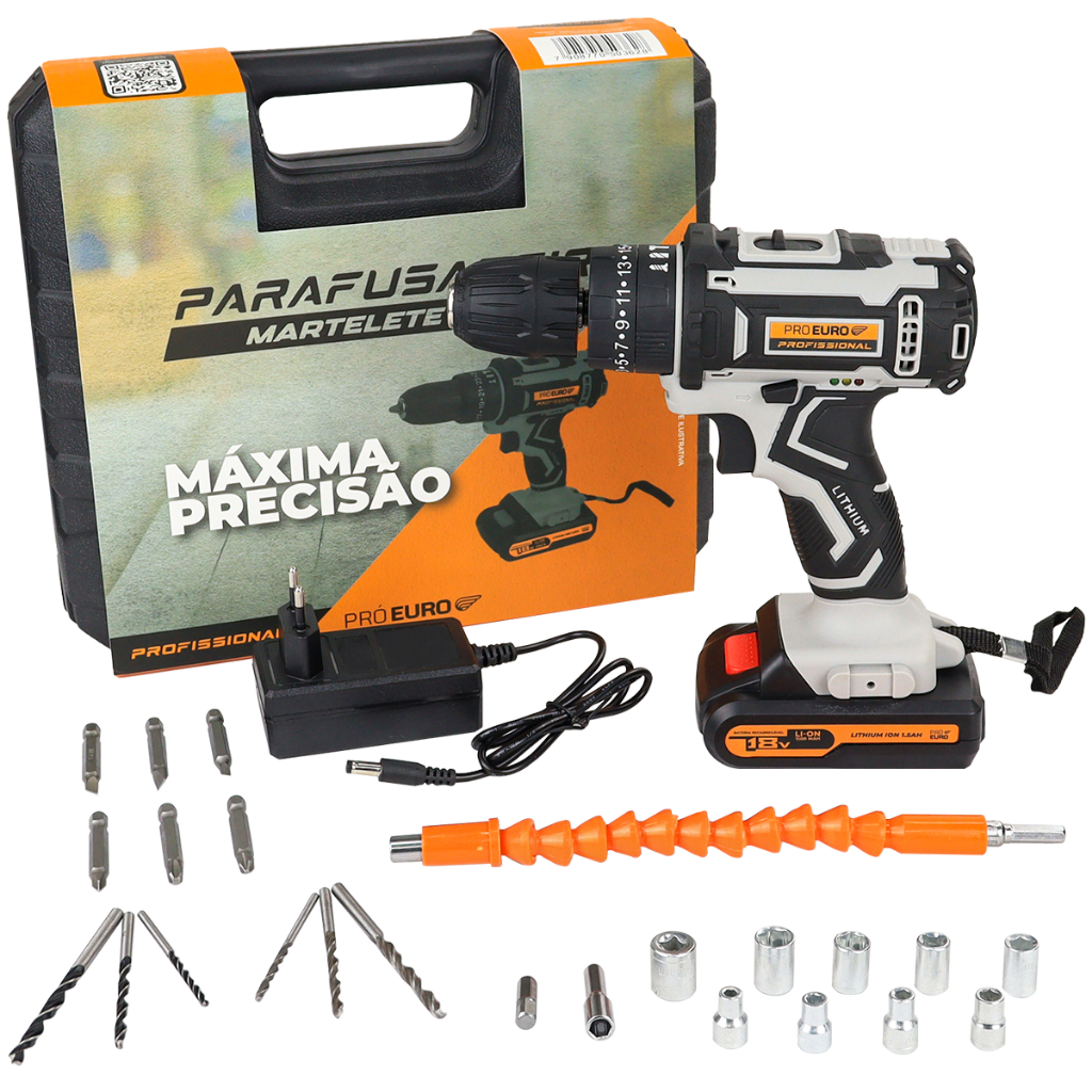 Parafusadeira com Martelete 18V Profissional Sem Fio Pró Euro com Maleta em Oferta na Shopee