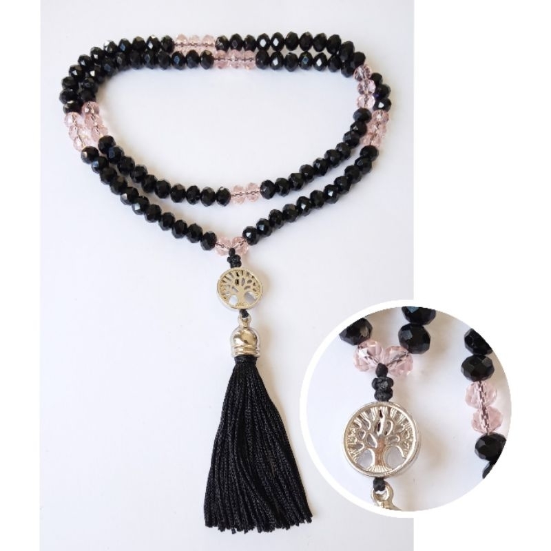 Imagem Japamala 108 Contas cristal negro e rosa claro com Passante Árvore da Vida Rosário Budista Ref:421