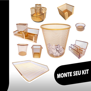 Organizador De Mesa Escritório Aramado Dourado Bandeja Porta Caneta Lápis Clips Giratório Cesto em Oferta na Shopee