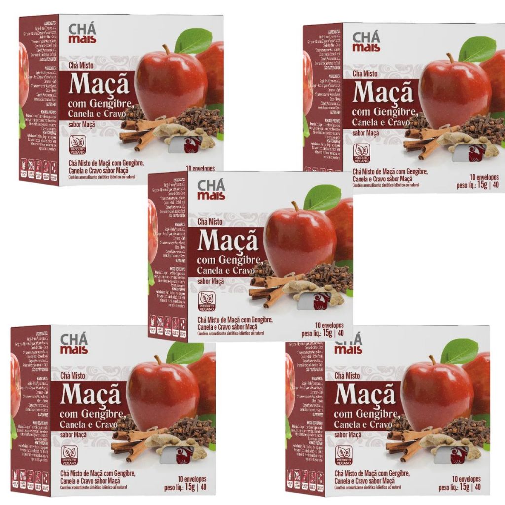 Kit 5 Chá misto de Maçã com Gengibre, Canela e Cravo - 10 Sachês - Chá mais