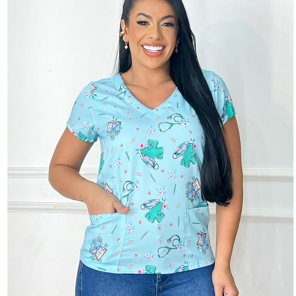 Blusa Bata Scrubs Feminina Estampada Enfermagem Técnica de Enfermagem