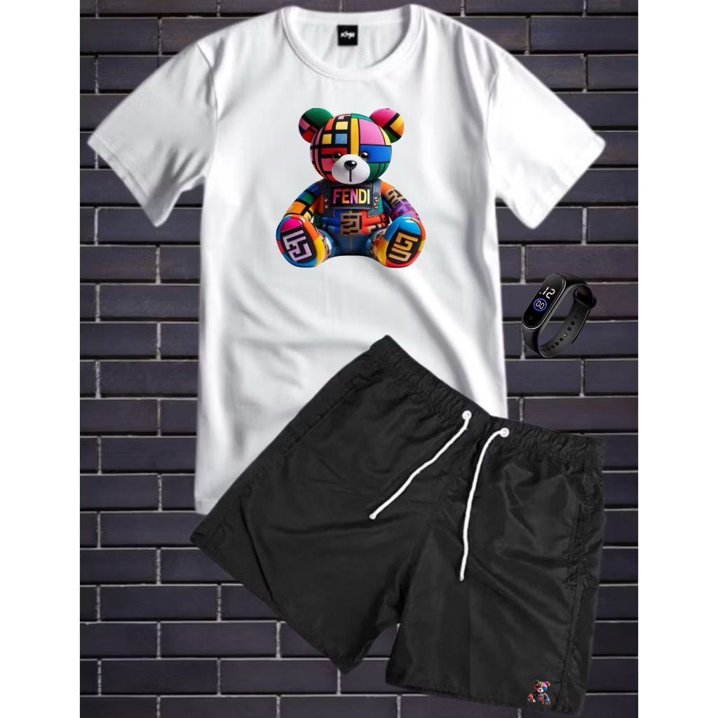 Conjunto Camiseta algodão 30.1 mais bermuda tactel estampada FND + RELÓGIO DIGITAL