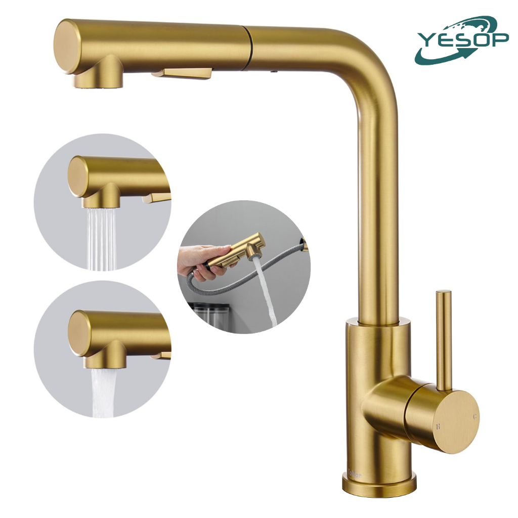 Torneira Cozinha Gourmet Inox Com Extensor Ducha Cor Dourada Escovado Yesop - Home & Living