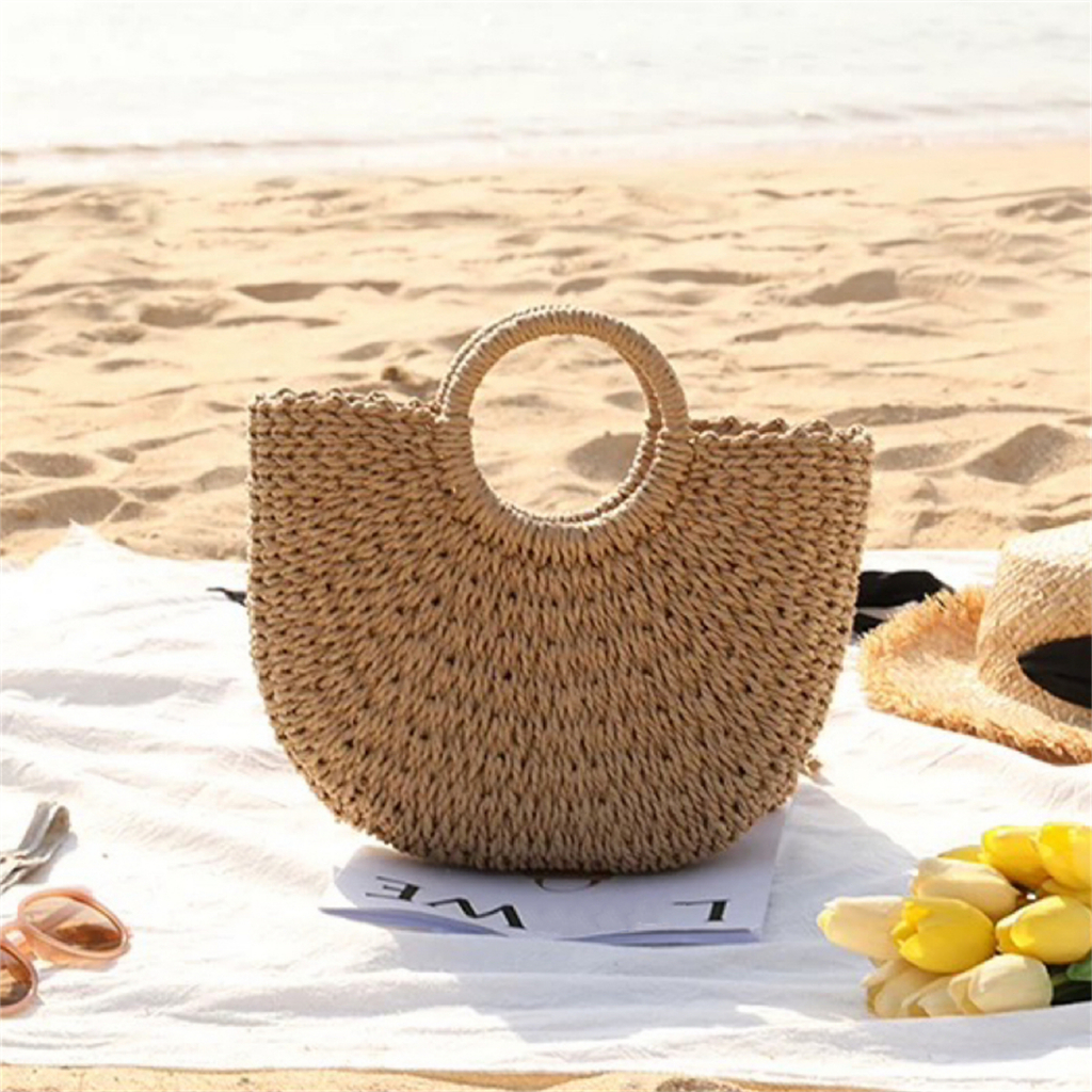 Juzia Bolsas Bolsa palha feminina meia lua bolsa de praia de mão alça transversal forro de tecido fecho com cordão em Oferta na Shopee