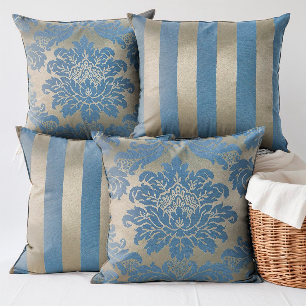 4 Capas para Almofadas Jacquard Adamascado 45x45cm - Azul e Dourado Suave Acetinado