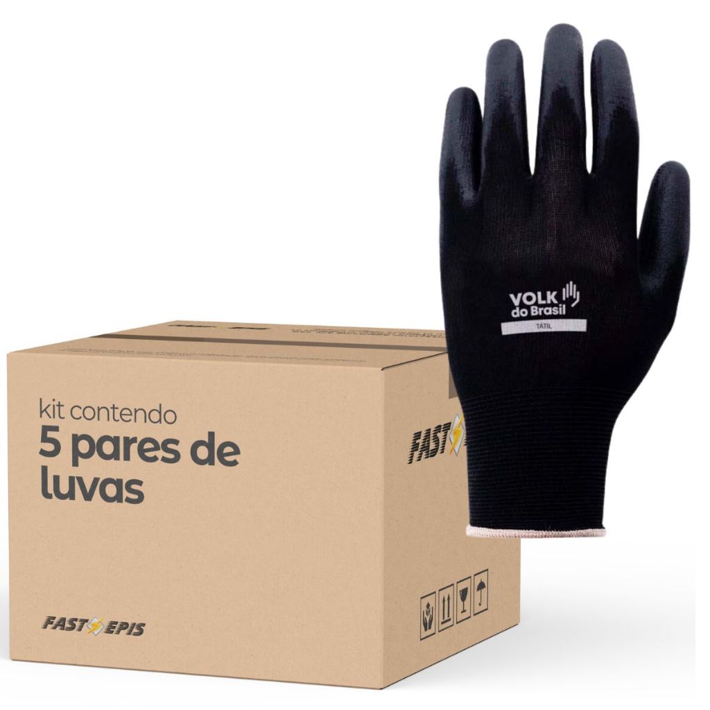 Kit 5 Pares - Luva Serviços Gerais Multitato em Nylon Pu Tátil Preta - Volk do Brasil