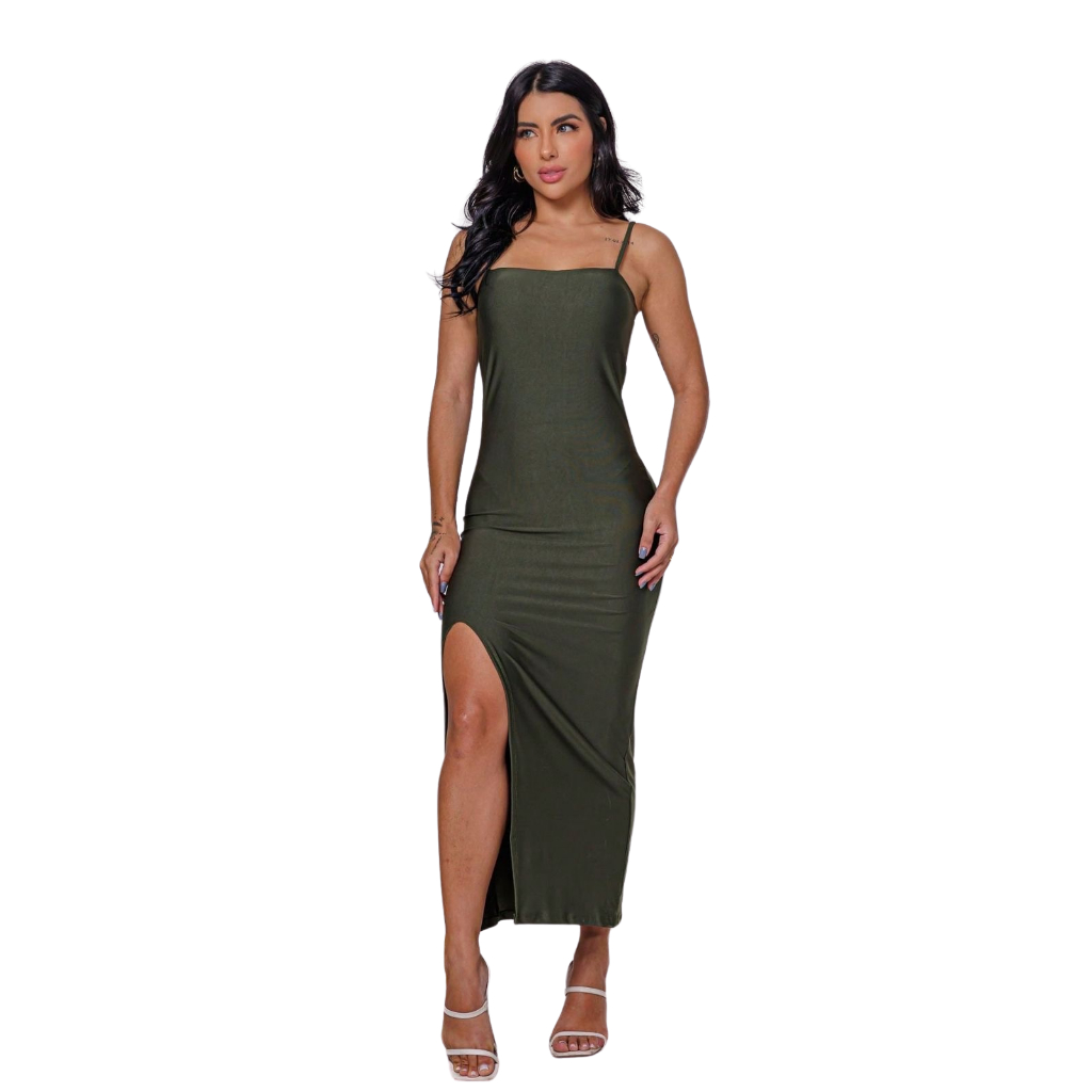 Vestido Elegante Estiloso Festa Alça Fina Moda Unnah Premium Com Fenda Baile
