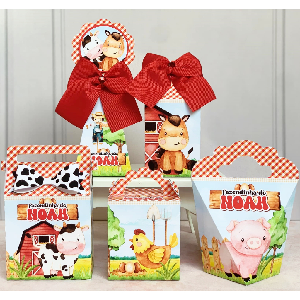 Kit Personalizados caixas Festa Fazendinha Vermelha Caixinha Aniversário Lembrancinha Pegue e Monte