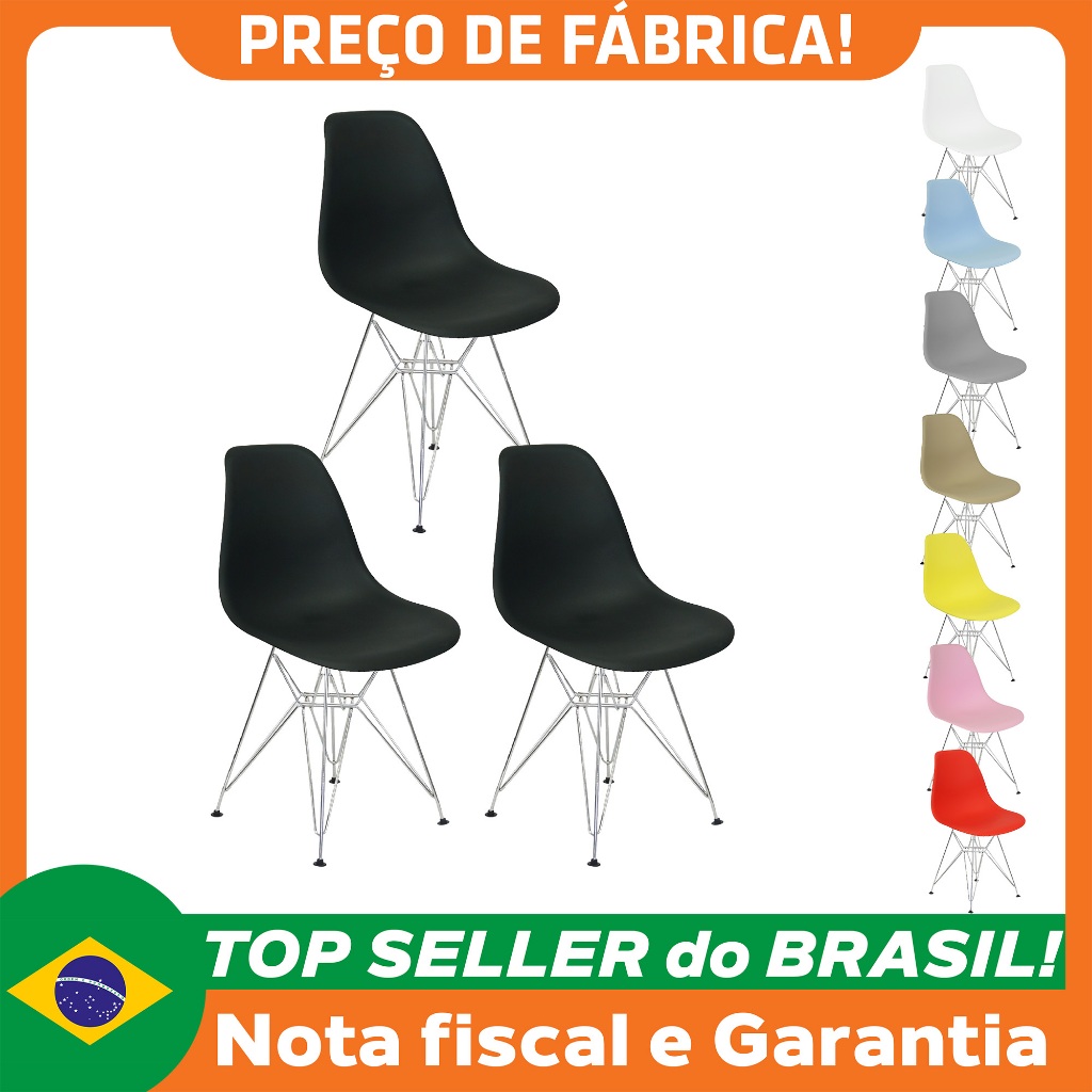 Kit 3 Cadeiras Charles Eames Eiffel Base Metal Cromado