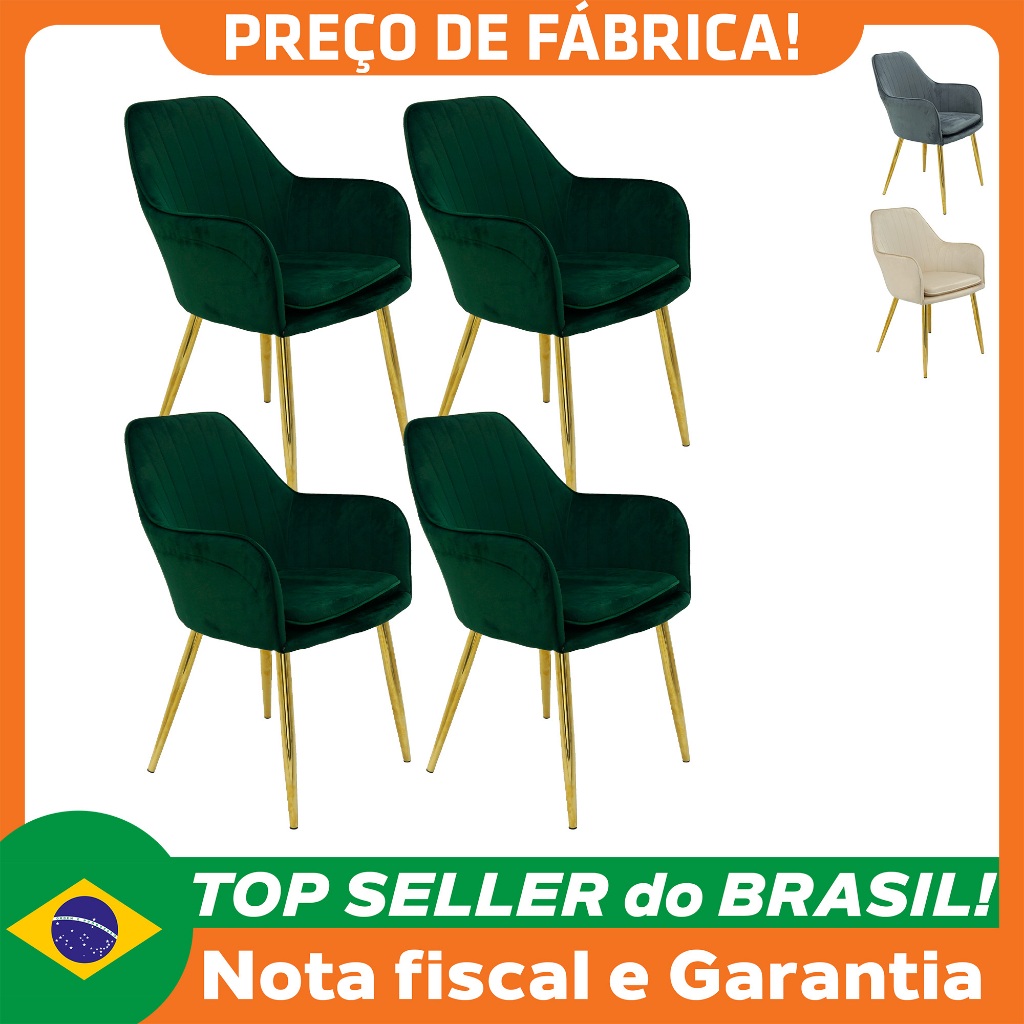 Kit 4 Cadeiras Poltrona Lines Base Dourada Recepção Sala Suede
