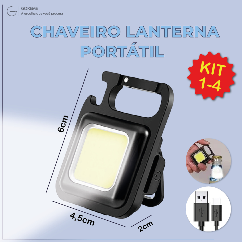Kit 1-4 Mini Chaveiro Lanterna Portátil LED Super potente 1000 Lumens com carregador USB Branco Frio - Sports & Outdoors