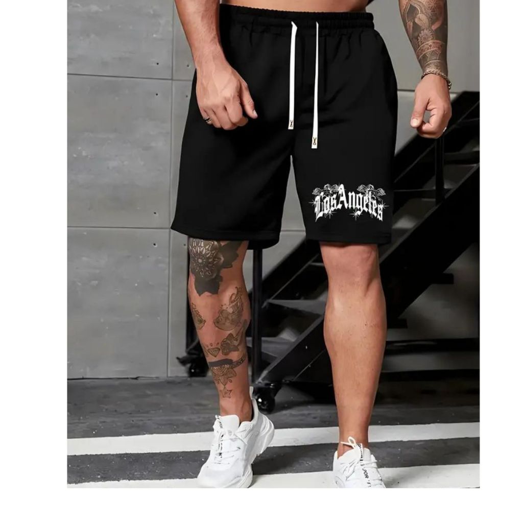 Short Bermuda Flanelada Moletom Los Angeles Casual Algodão Streetwear Estilo de Rua Moda Masculina
