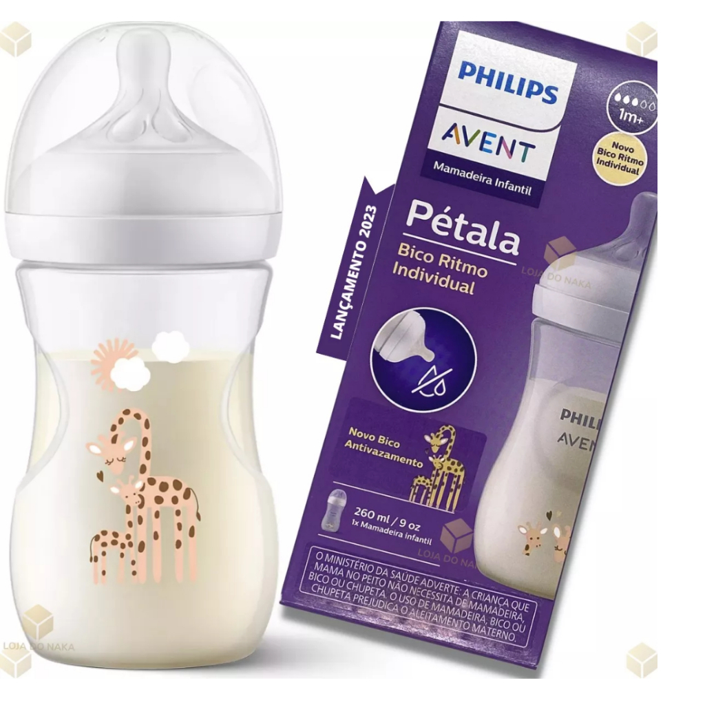1un Mamadeira Avent Pétala  260ml transparente - Girafa em Oferta na Shopee