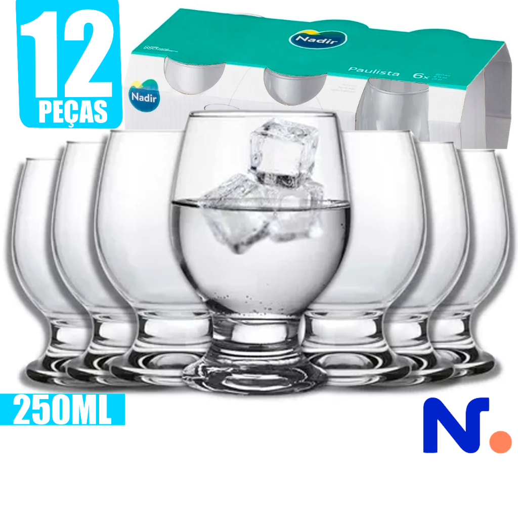 Kit jogo 12 Taças de Cerveja Paulista de Vidro Resistente 250ml Conjunto Bebidas Nadir