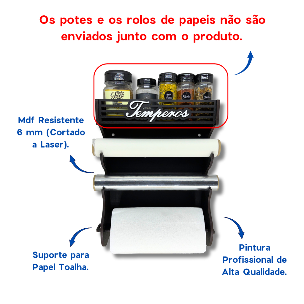 Porta Temperos Parede com Porta Potes e Porta Papel Alumínio, Papel Toalha e Papel Manteiga.