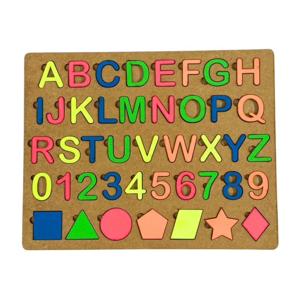 Brinquedo Educativo / Pedagógico Letras Números e Formas em Madeira nas cores NEON